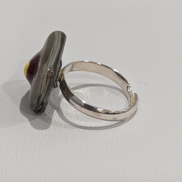 Artisan Handmade small grey abstract fused glass adjustable ring. - Picture 2 of 3